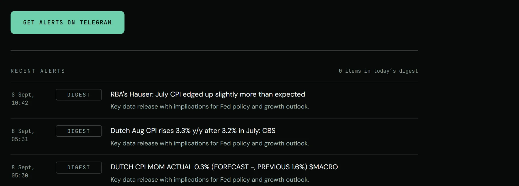 The Alerts feed: the Telegram button, then the most recent scored headlines, each marked Digest with its time.
