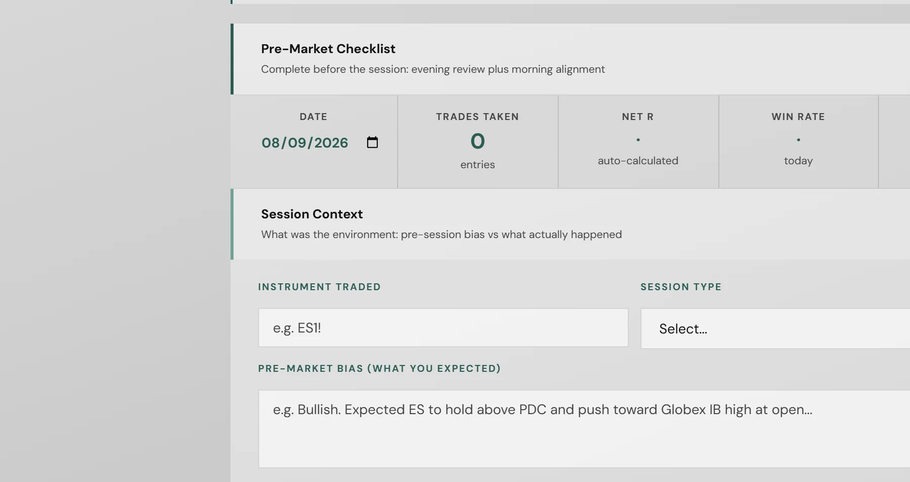 The Daily Journal: pre-market checklist, the day's trades, net R and win rate, then session context and pre-market bias against what actually happened.