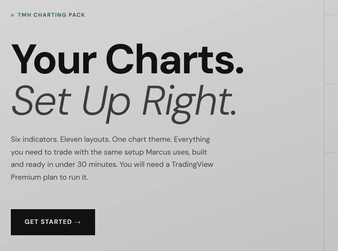 The TMH Charting Pack guide: Your Charts, Set Up Right. Six indicators, eleven layouts, one chart theme.