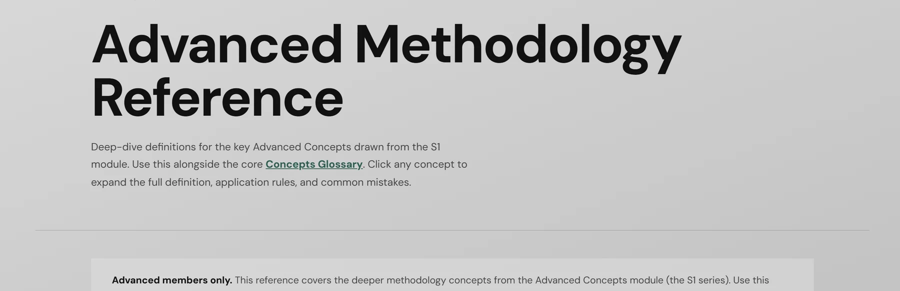 The Advanced Methodology Reference: deep-dive definitions for the key advanced concepts, each opening to its full definition, application rules and common mistakes.